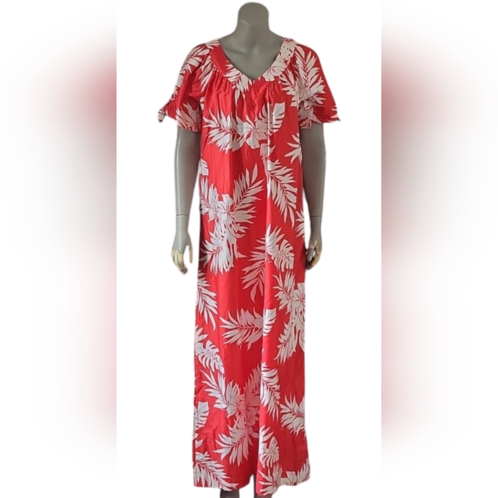 Malihini Hawaii MuMu Vintage Tropical Dress Hibiscus Palm Coastal Granny